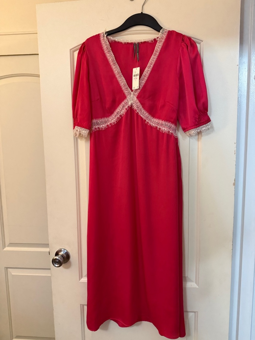 Anthropologie V neck fuchsia Midi Dress with Cream Lace Trim